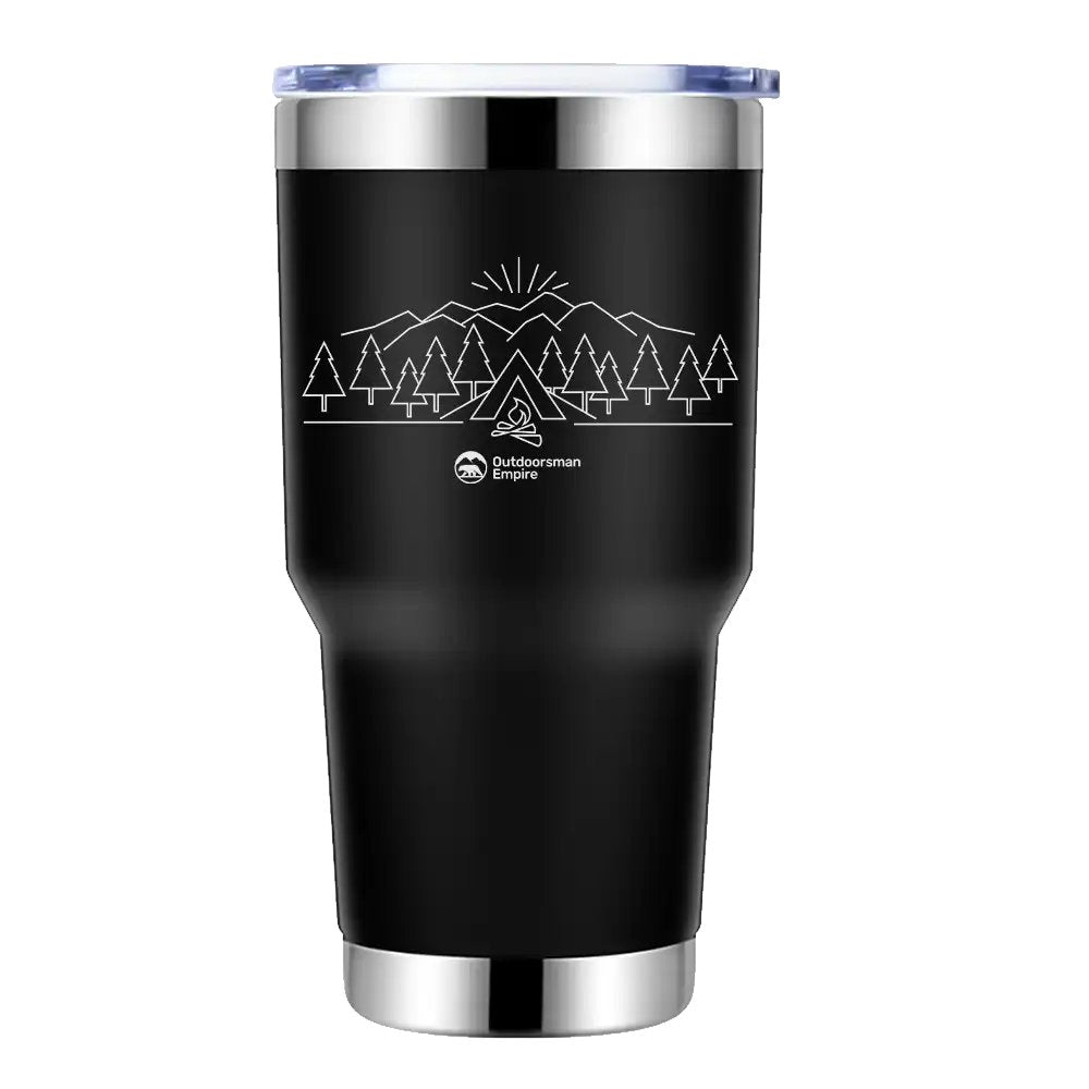 Camping Triangles 2 30oz Insulated Vacuum Sealed Tumbler in stainless steel with vibrant UV-printed design, showcasing its double-walled insulation and splash-proof lid.