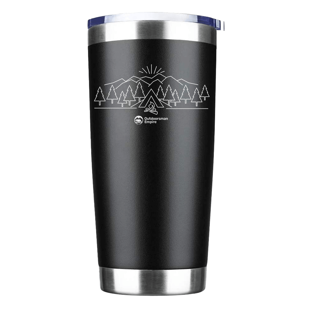 Camping Triangles 20oz Insulated Vacuum Sealed Tumbler in stainless steel with UV-printed design, showcasing its sleek and durable construction.