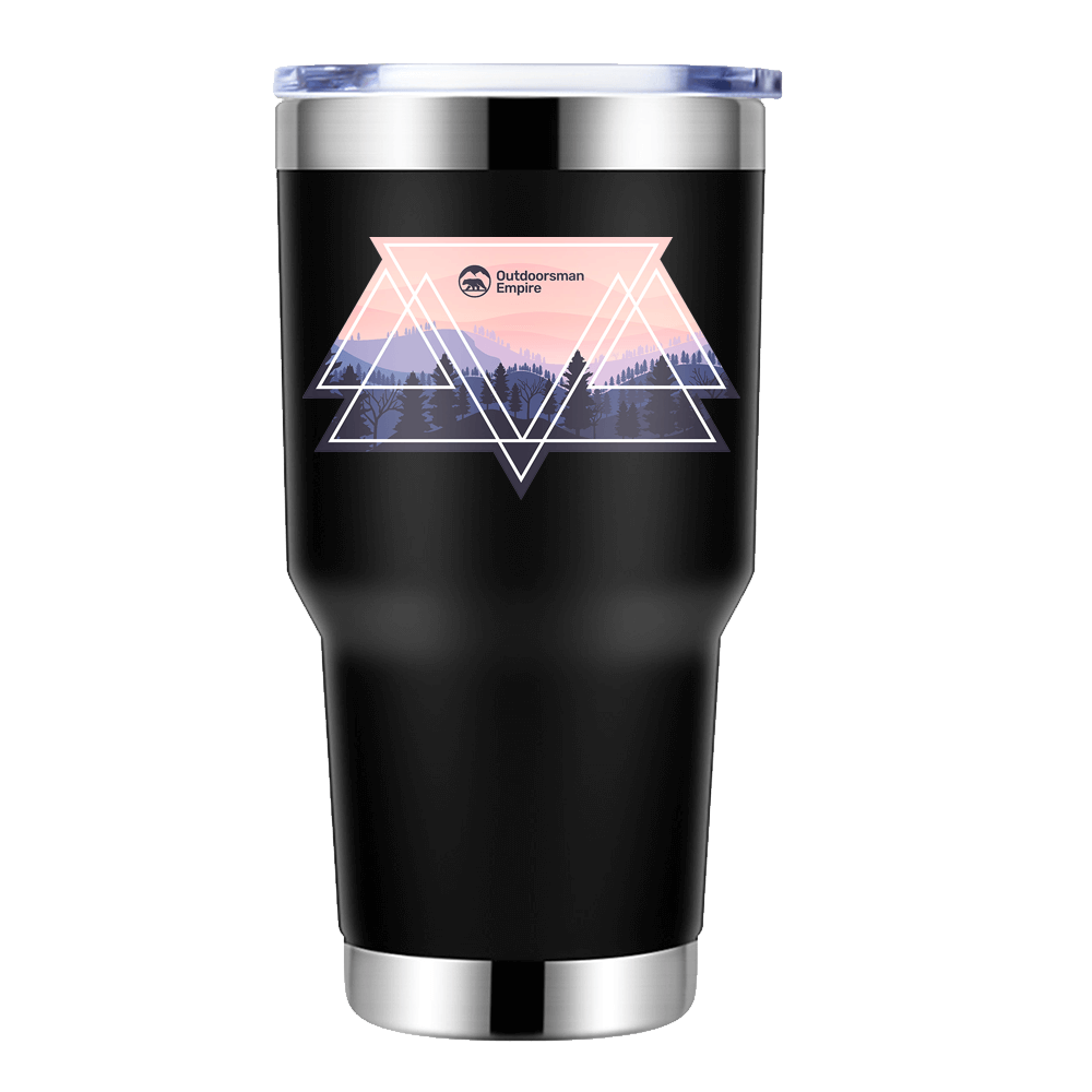 Camping Triangles 30oz Insulated Vacuum Sealed Tumbler with a splash-proof lid and UV-printed design, perfect for outdoor adventures.