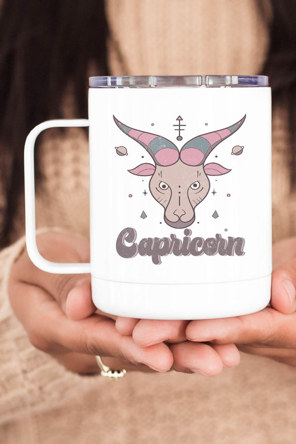 A stainless steel travel mug featuring the Capricorn astrological sign design, double wall insulated with a secure lid.