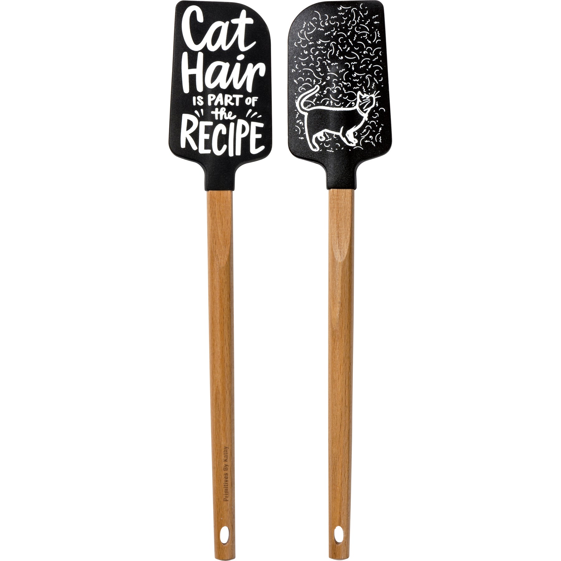 A silicone spatula with a wooden handle featuring the phrase 'Cat Hair Is Part of The Recipe' and decorative designs on the back.
