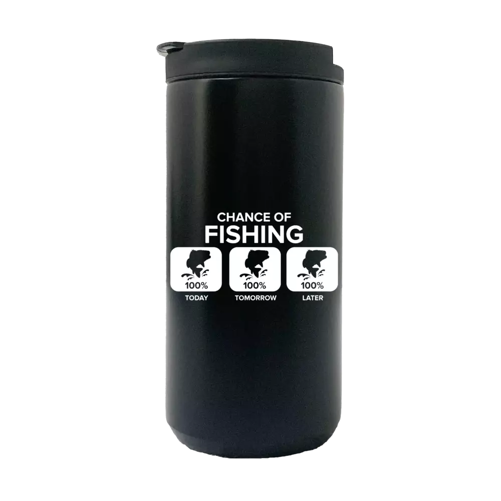 Chance of Fishing 14oz Insulated Coffee Tumbler in stainless steel with UV printed design, perfect for hot and cold beverages.