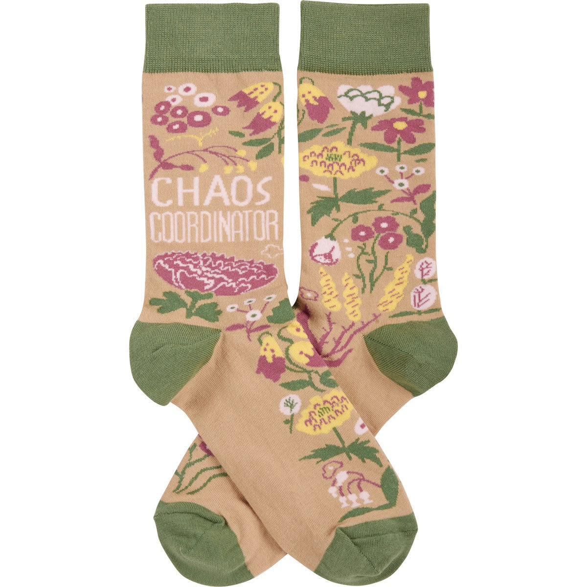 A pair of green socks with colorful floral designs and the text 'Chaos Coordinator', perfect for gifting.