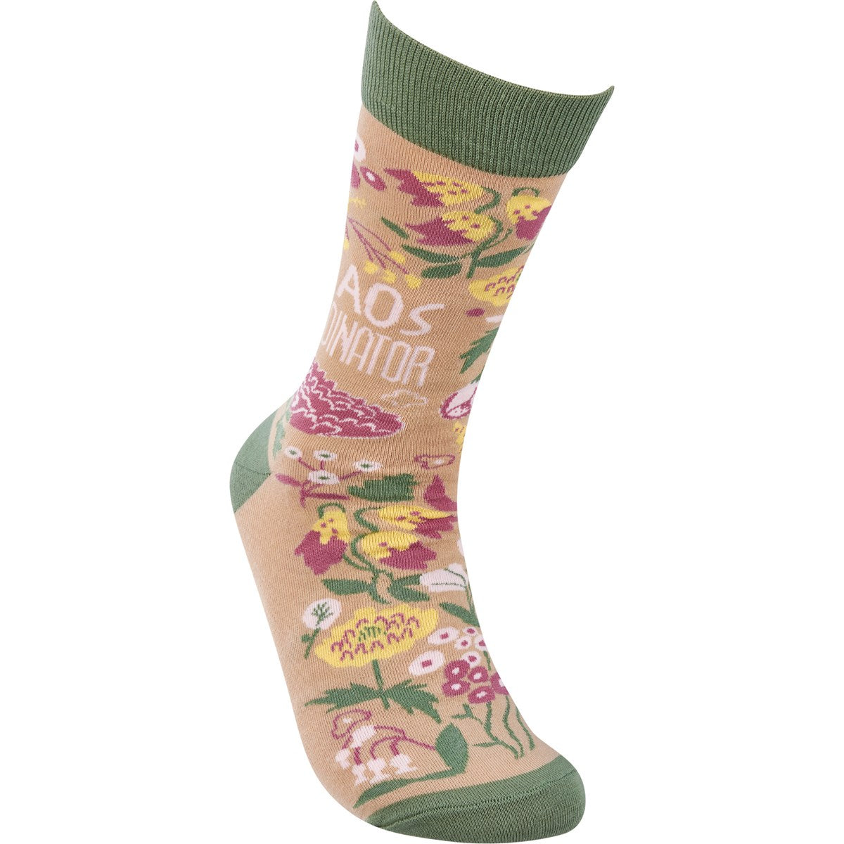 A pair of green socks with colorful floral designs and the text 'Chaos Coordinator', perfect for gifting.