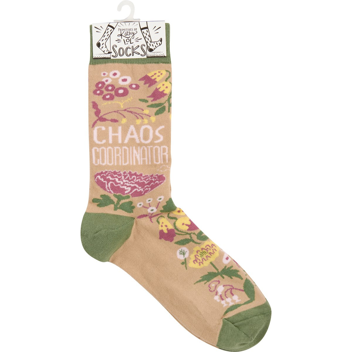A pair of green socks with colorful floral designs and the text 'Chaos Coordinator', perfect for gifting.