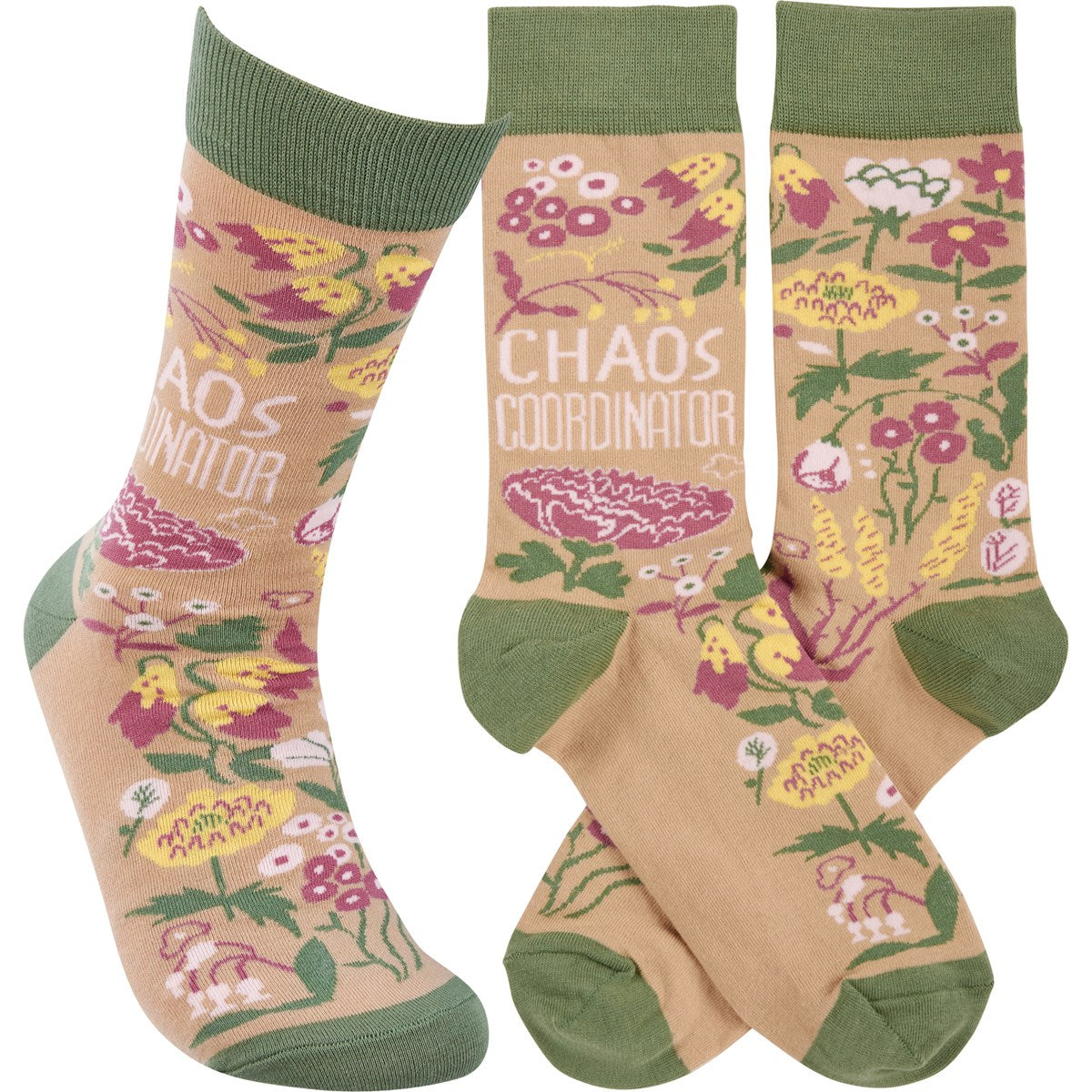 A pair of green socks with colorful floral designs and the text 'Chaos Coordinator', perfect for gifting.