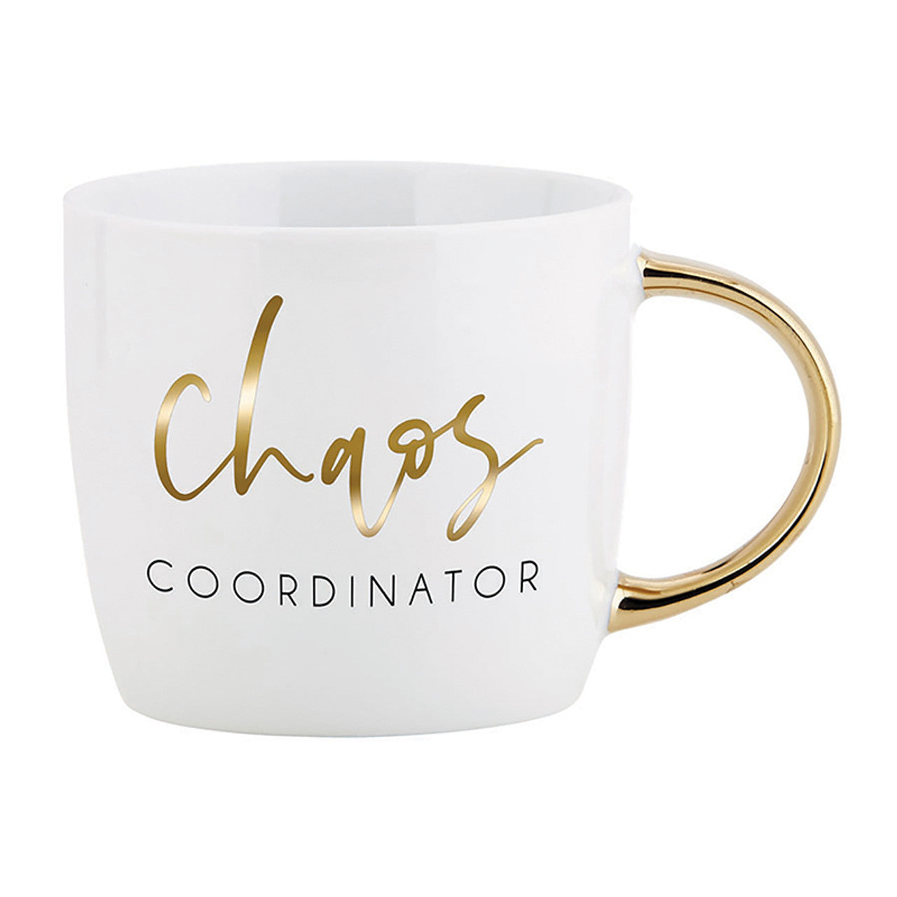 Chaos Coordinator Mug with gold handle and grey finish, featuring the phrase 'Baby It's Cold Outside'.