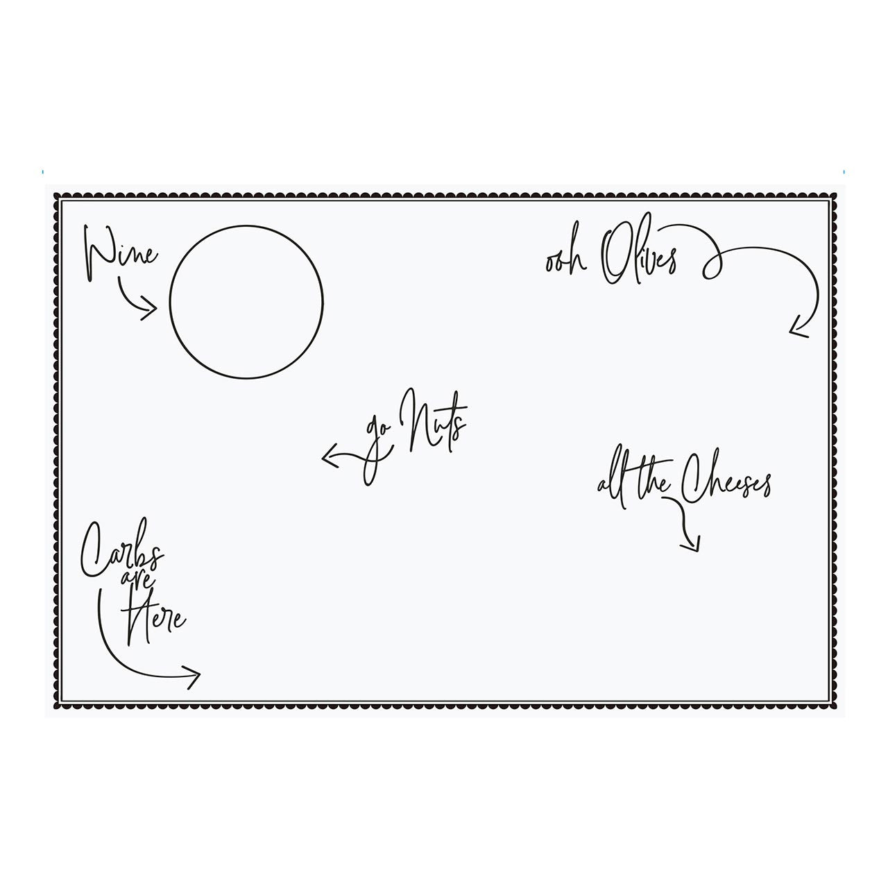 Charcuterie Paper Cheese Board measuring 50 inches by 18 inches, featuring playful designs and phrases for food placement.