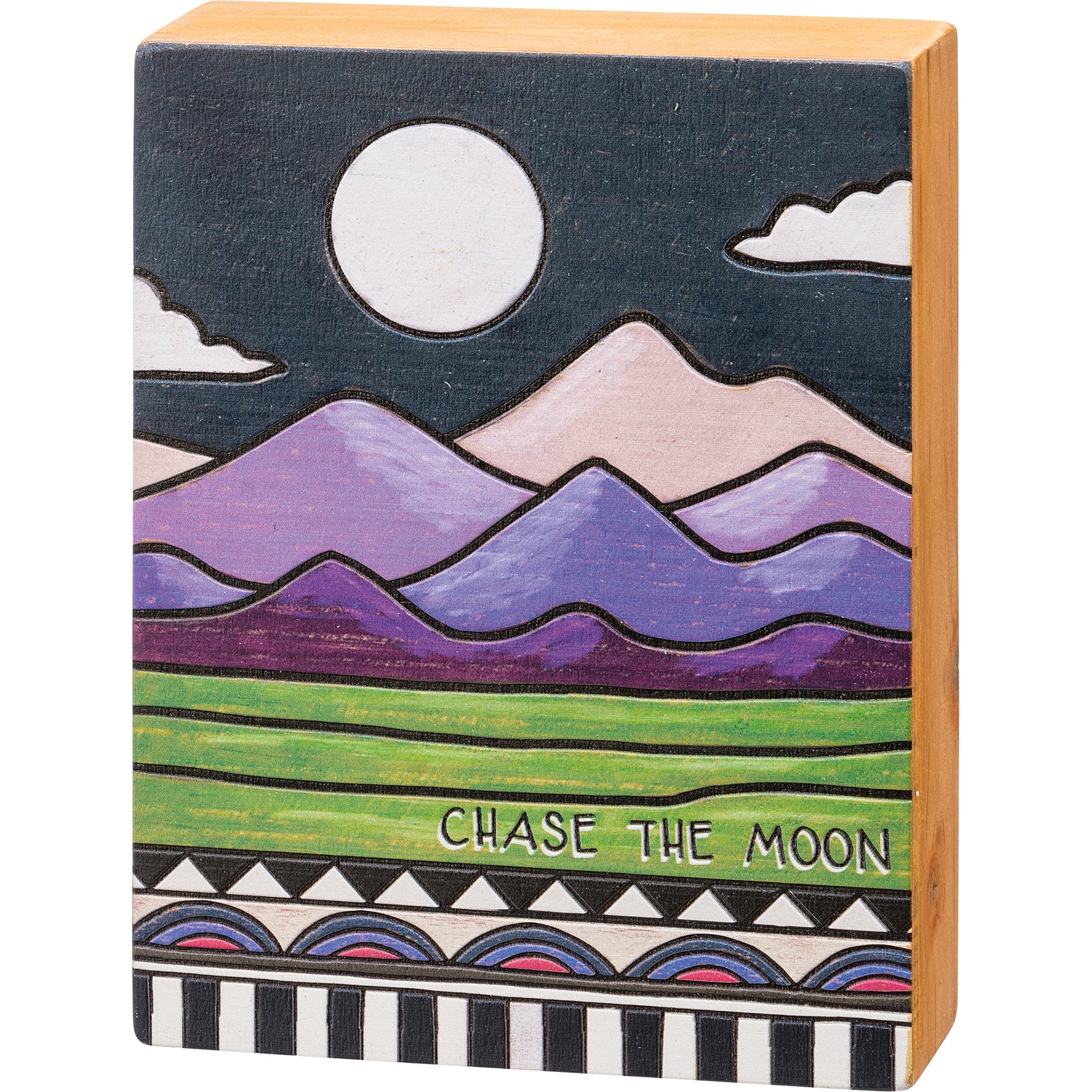 Chase The Moon wooden box sign featuring a mountain and moon design, perfect for home or office decor.