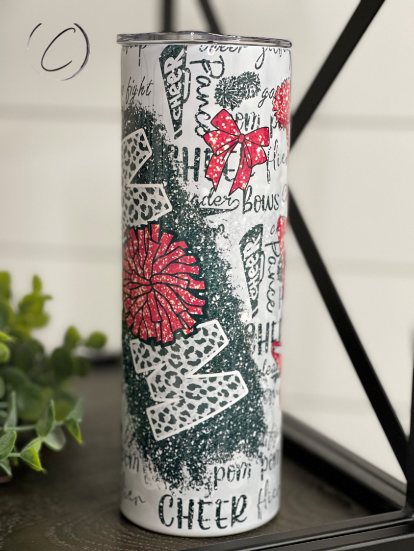 Cheer Mom 20oz Skinny Tumbler with vibrant design and reusable straw, perfect for cheerleading enthusiasts.