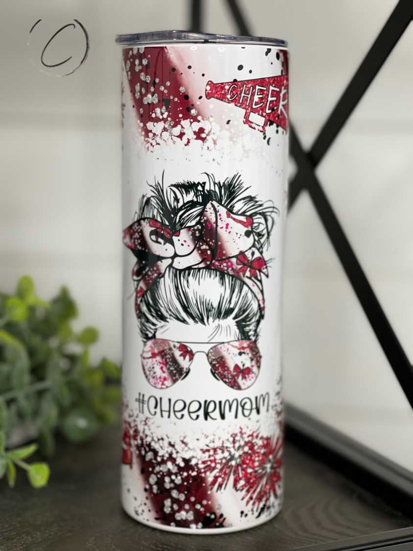 Cheermom Messy Bun 20oz Skinny Tumbler with vibrant design and reusable straw, perfect for stylish hydration.
