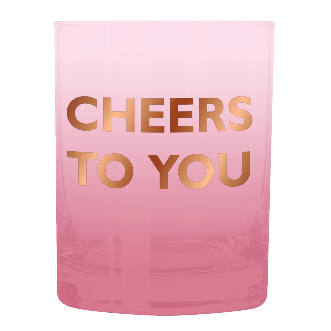 Cheers To You Cocktail Glass with gold lettering on pink tinted glass, perfect for whiskey and cocktails.