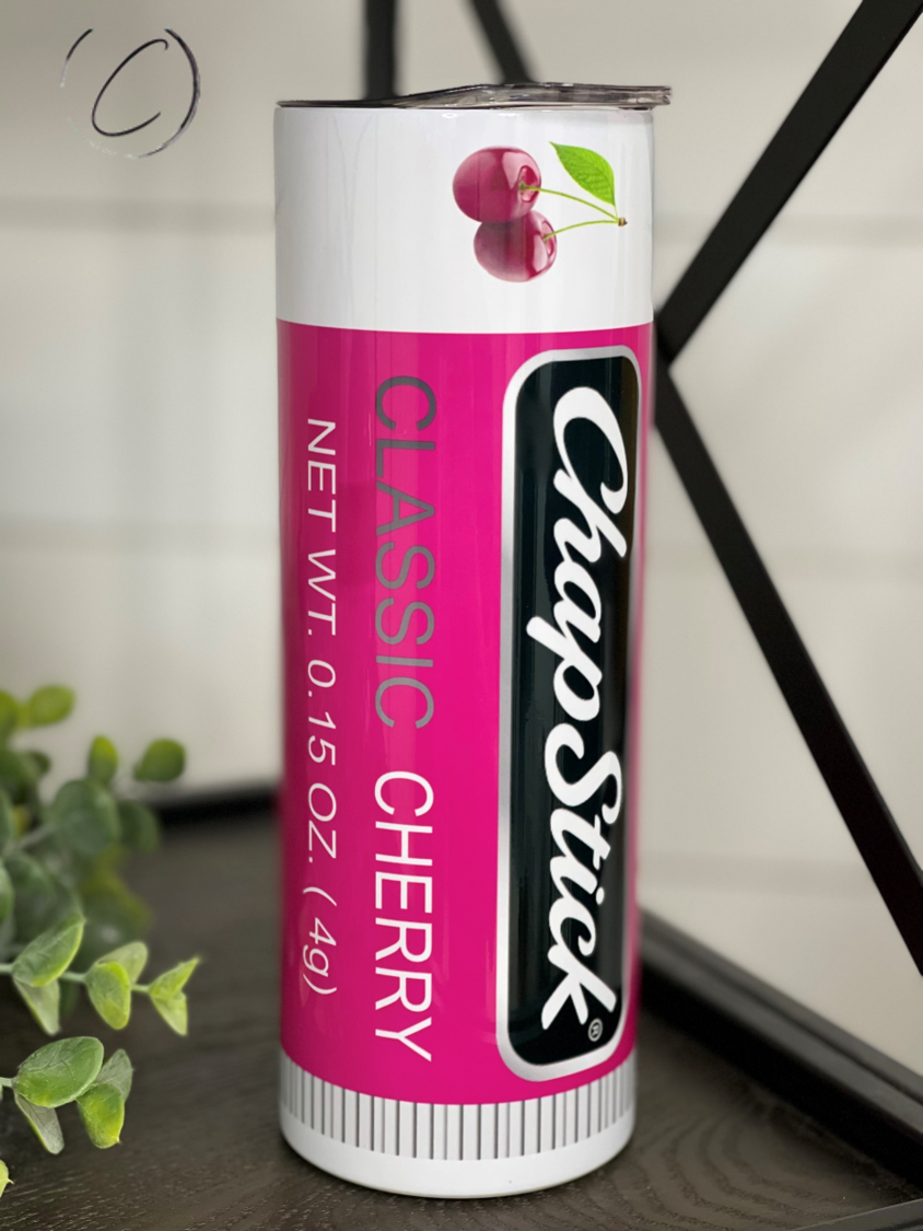 Cherry ChapStick 20oz Skinny Tumbler with vibrant full wrap design and reusable straw.