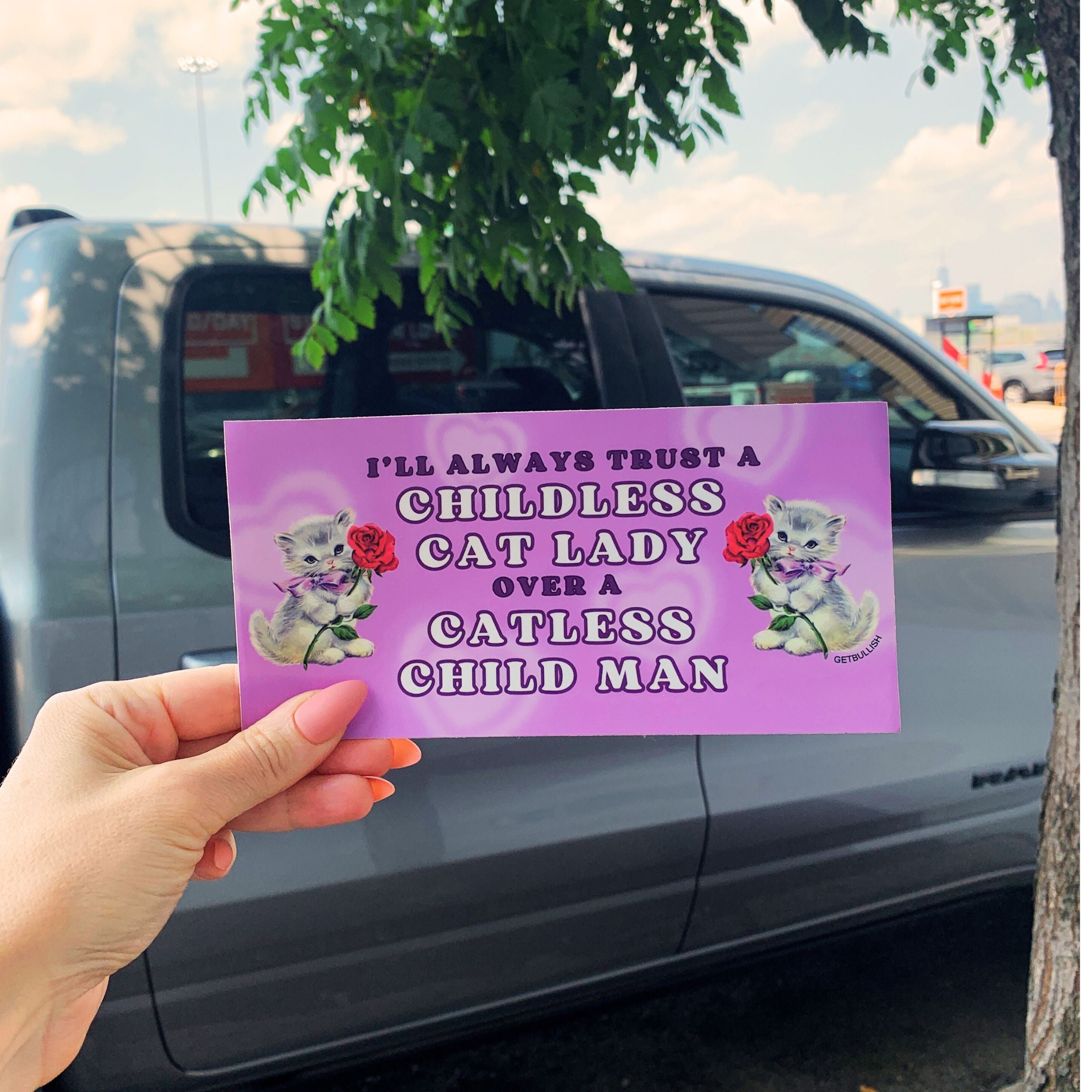 A humorous bumper sticker featuring the phrase 'I’ll Always Trust a Childless Cat Lady Over a Catless Child Man', perfect for cat lovers.