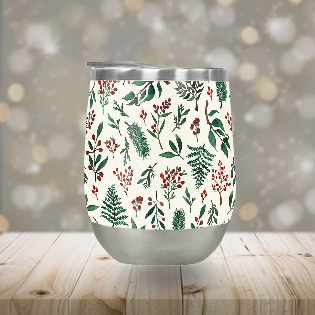 A festive Christmas Berries Wine Tumbler featuring a vibrant berry design, made of stainless steel with a plastic lid.