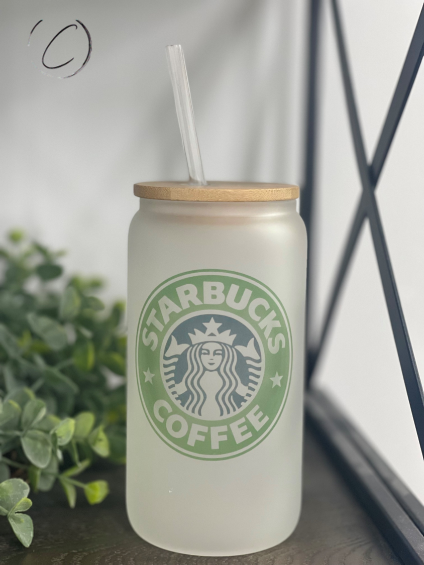 Classic Starbucks 16oz Libbey Glass with a reusable straw, featuring a frost appearance and full wrap design.