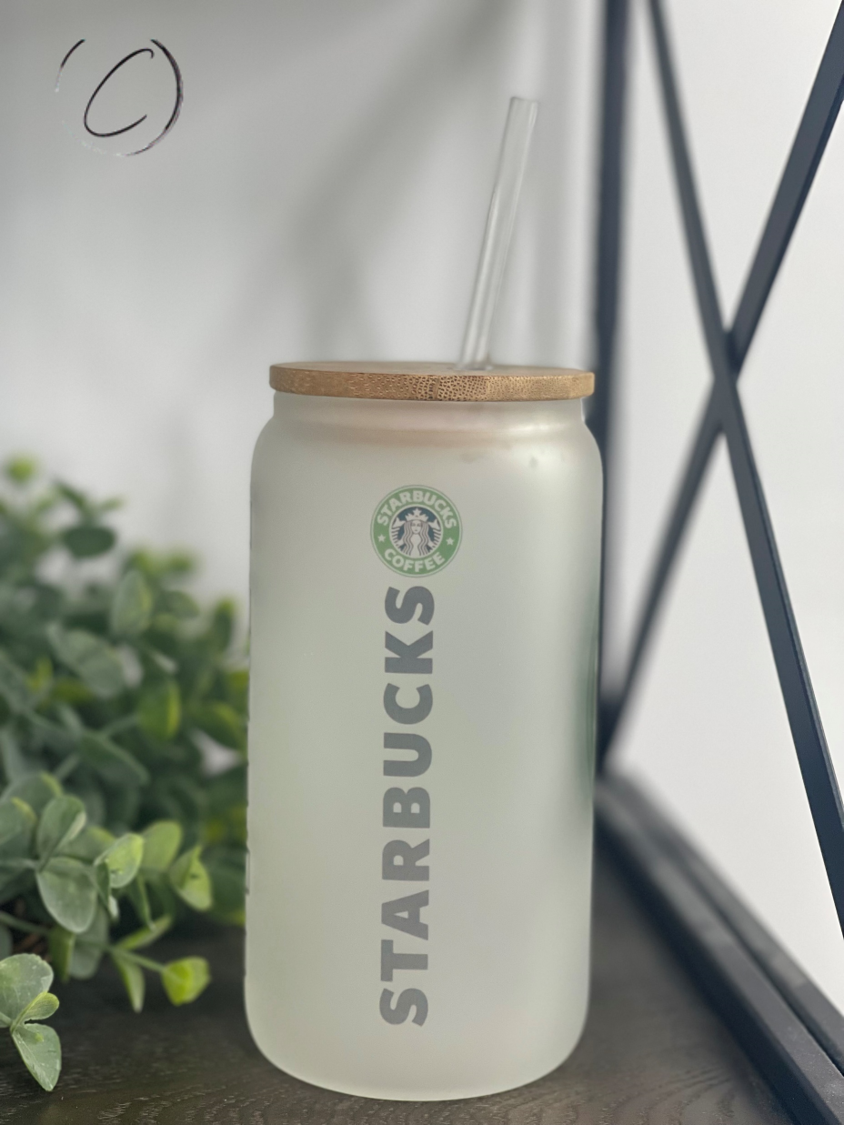 Classic Starbucks 16oz Libbey Glass with a reusable straw, featuring a frost appearance and full wrap design.