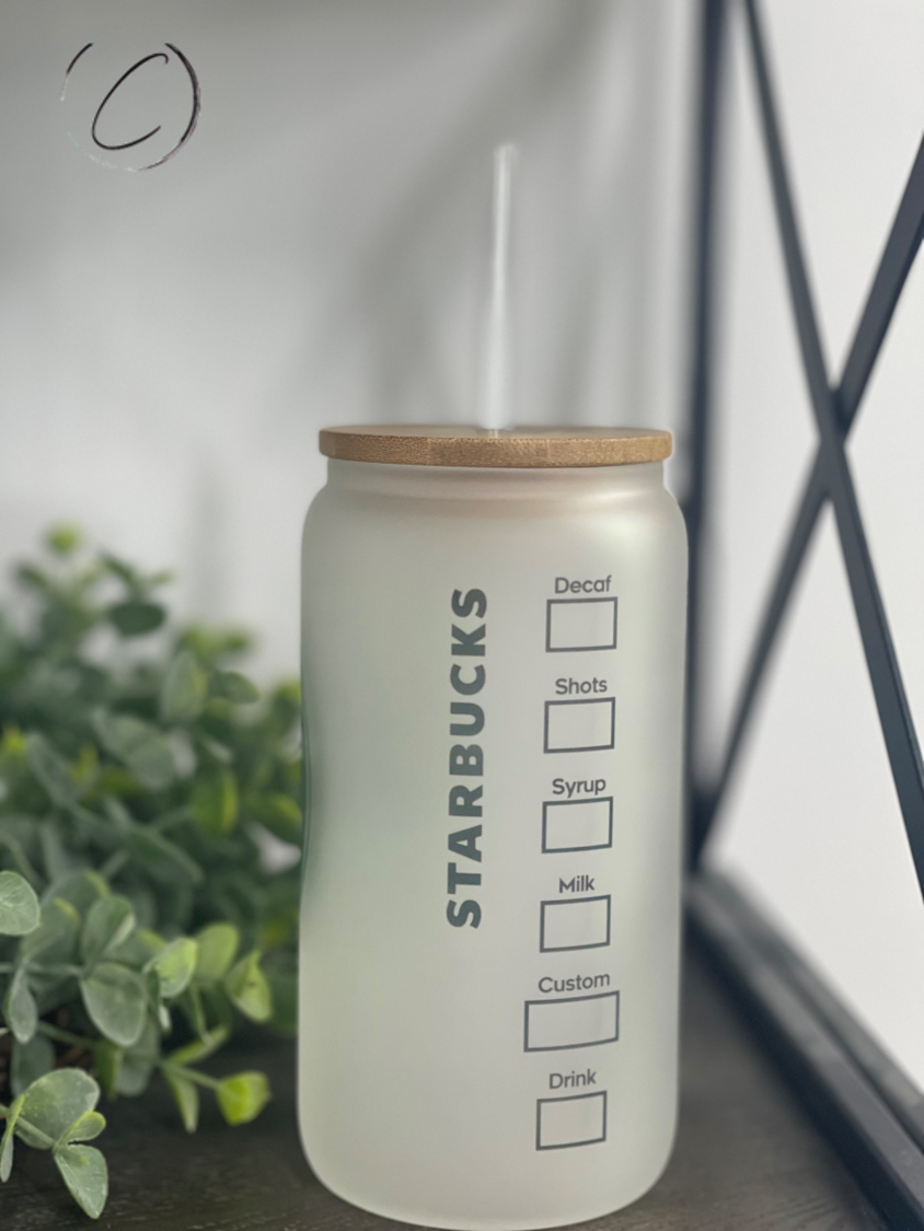 Classic Starbucks 16oz Libbey Glass with a reusable straw, featuring a frost appearance and full wrap design.