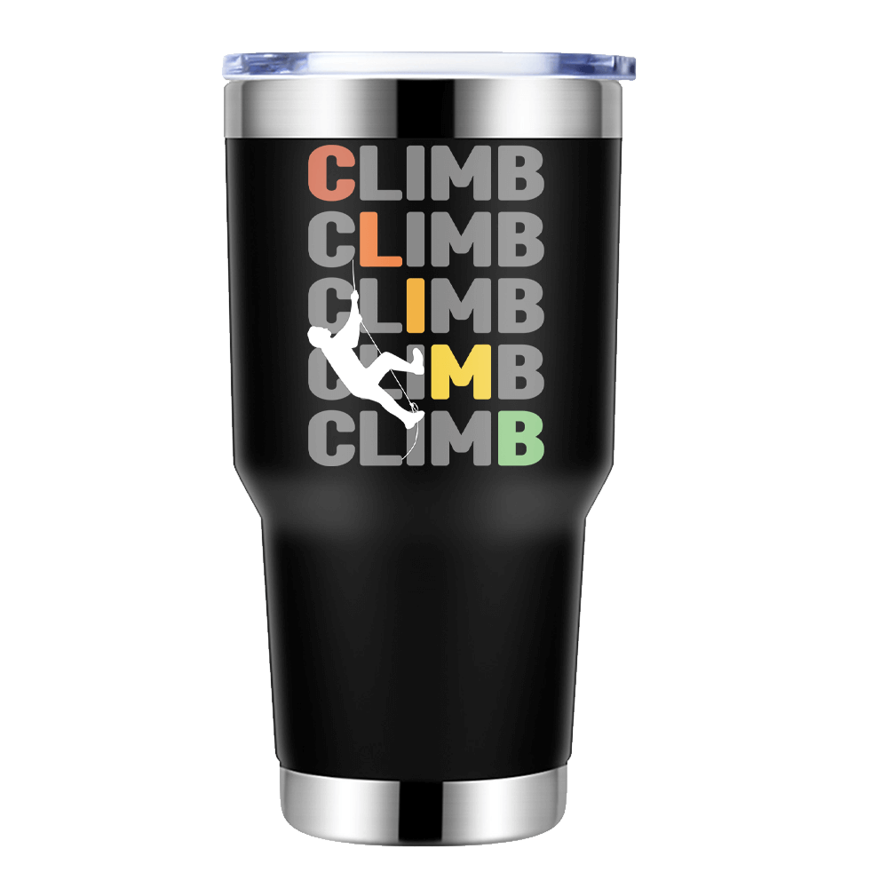 Climbbbbb 30oz Insulated Vacuum Sealed Tumbler in stainless steel with a splash-proof lid, showcasing UV-printed designs.