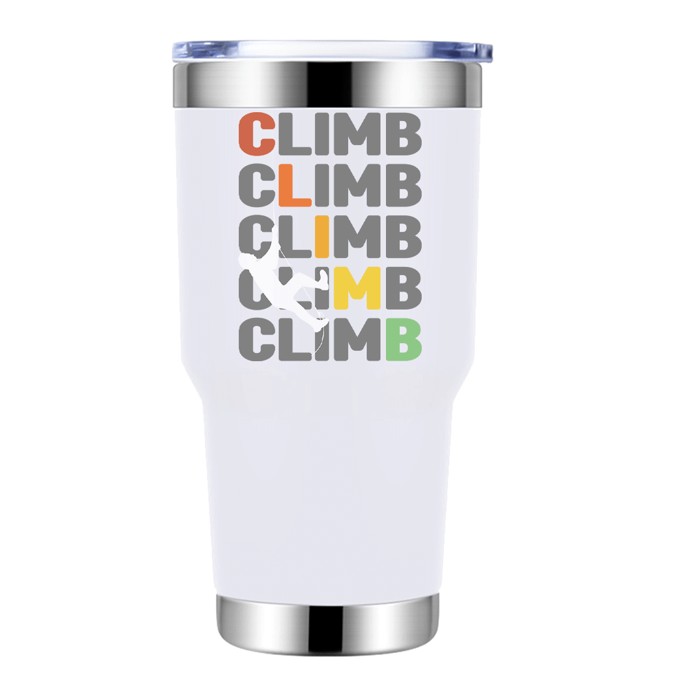 Climbbbbb 30oz Insulated Vacuum Sealed Tumbler in stainless steel with a splash-proof lid, showcasing UV-printed designs.