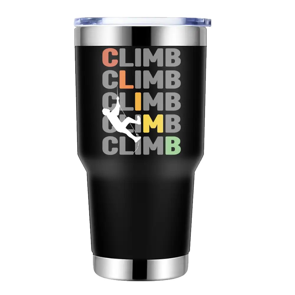 Climbbbbb 30oz Insulated Vacuum Sealed Tumbler in stainless steel with a splash-proof lid, showcasing UV-printed designs.