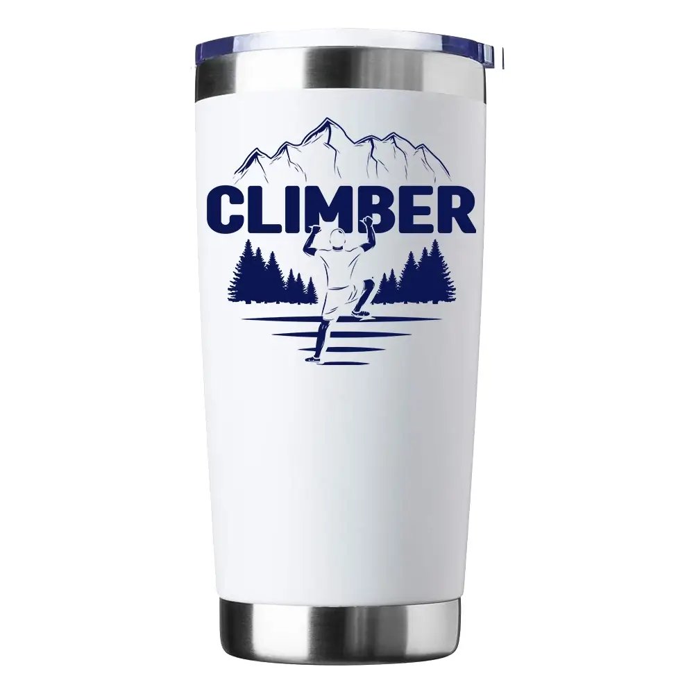 Climber 20oz Insulated Vacuum Sealed Tumbler in stainless steel with a splash-proof lid and UV-printed design.
