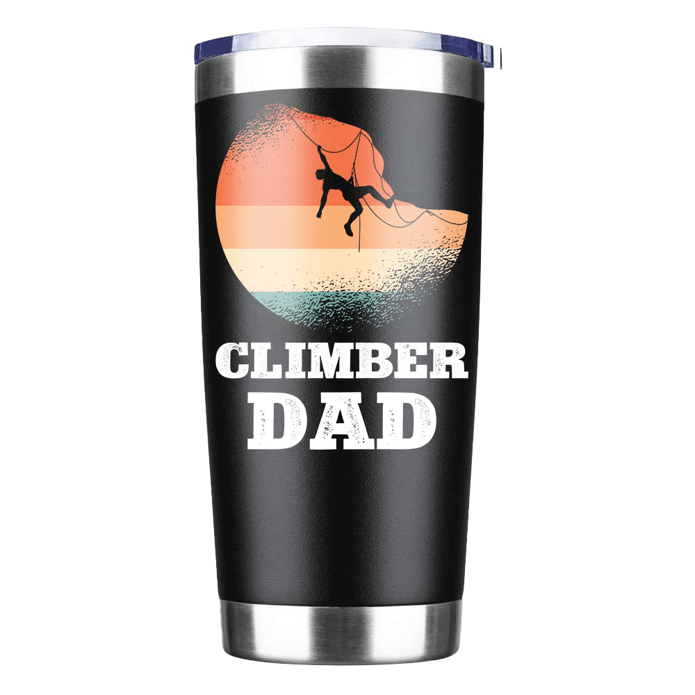 Climber Dad 20oz Insulated Vacuum Sealed Tumbler in stainless steel with UV-printed design, showcasing its sleek and durable construction.