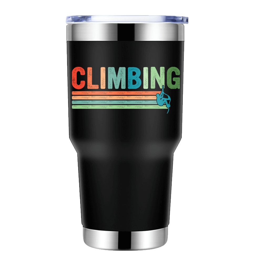 Climbing 30oz Insulated Vacuum Sealed Tumbler in vibrant colors, showcasing its stainless steel design and bowling pin shape.