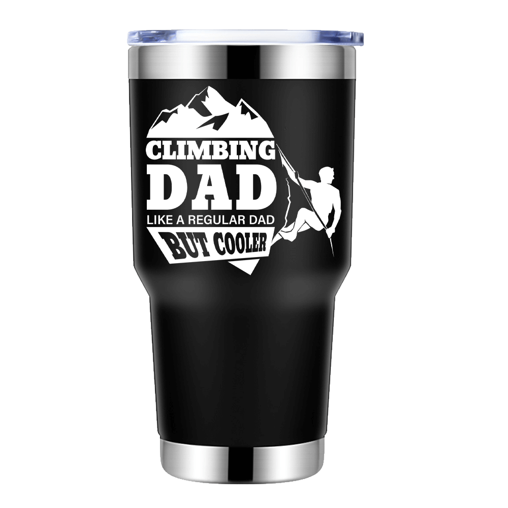 Climbing Dad 30oz Insulated Vacuum Sealed Tumbler in vibrant colors with a bowling pin shape, showcasing its stainless steel design.