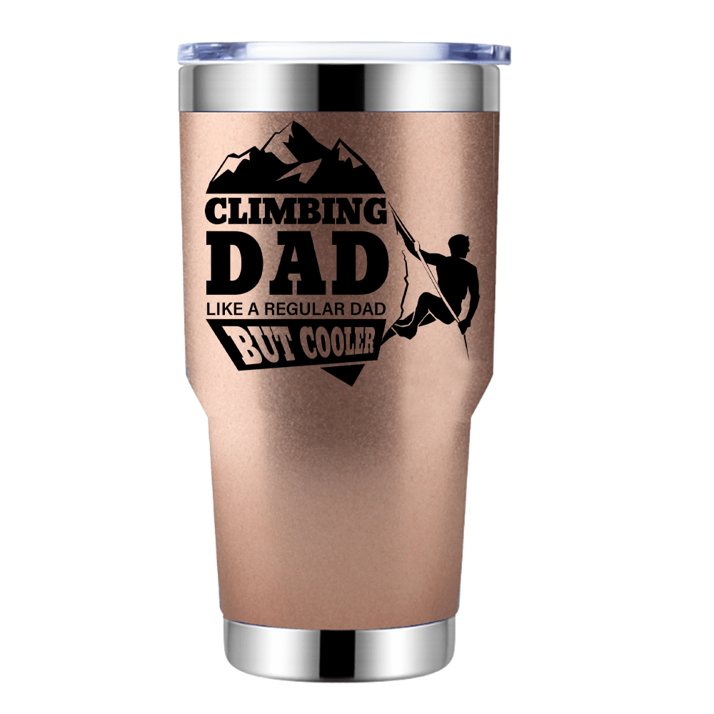 Climbing Dad 30oz Insulated Vacuum Sealed Tumbler in vibrant colors with a bowling pin shape, showcasing its stainless steel design.