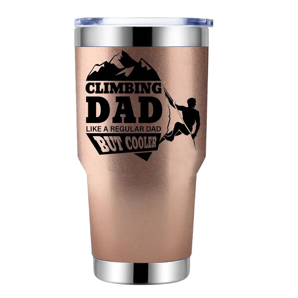 Climbing Dad 30oz Insulated Vacuum Sealed Tumbler in vibrant colors with a bowling pin shape, showcasing its stainless steel design.