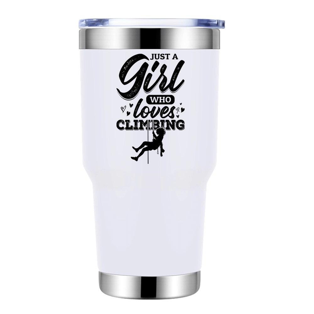 Climbing Just A Girl Who Loves Climbing 30oz insulated stainless steel bottle with vibrant design and leak-proof cap.