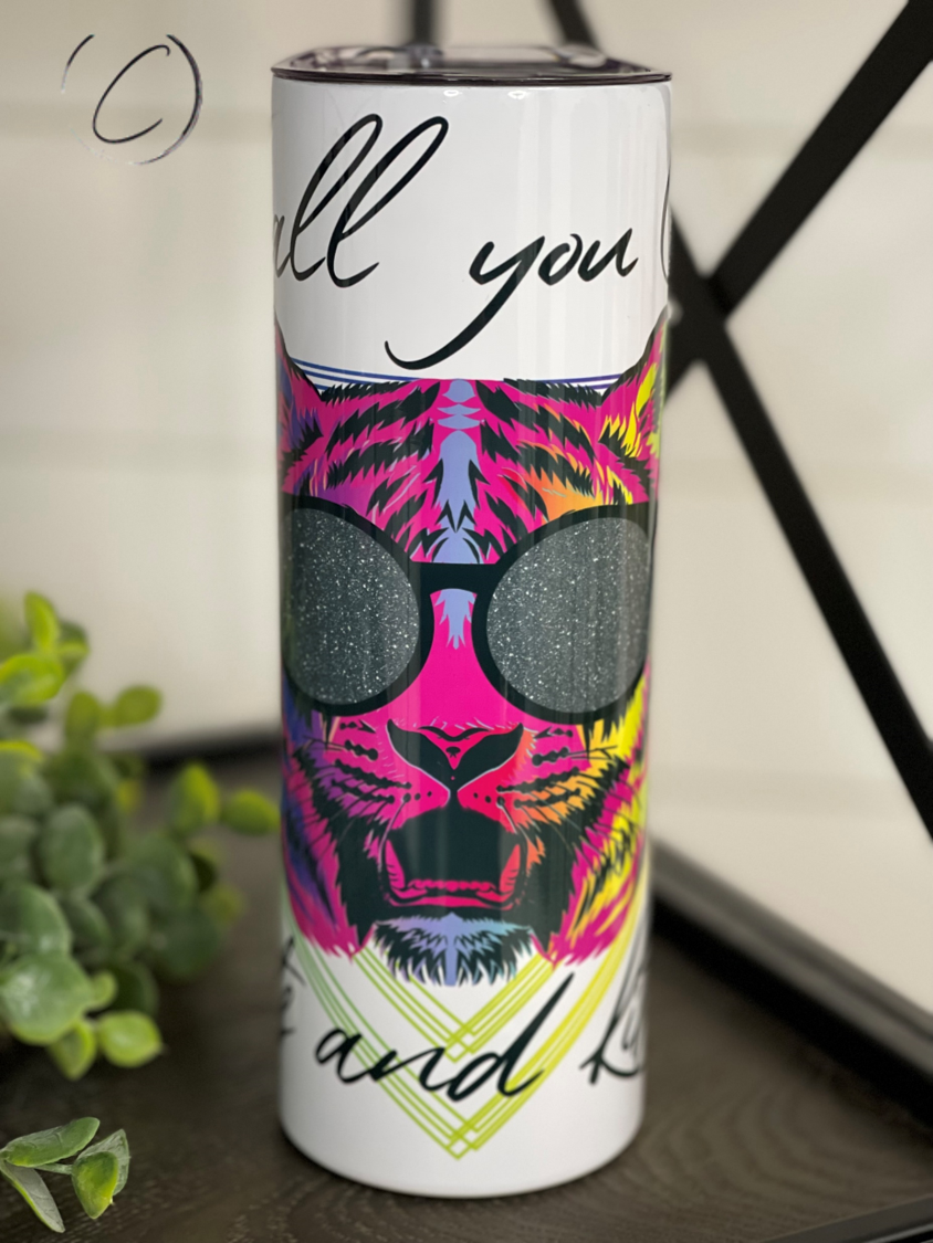 Cool Cats And Kittens 20oz Skinny Tumbler featuring a vibrant cat-themed design, reusable straw included.