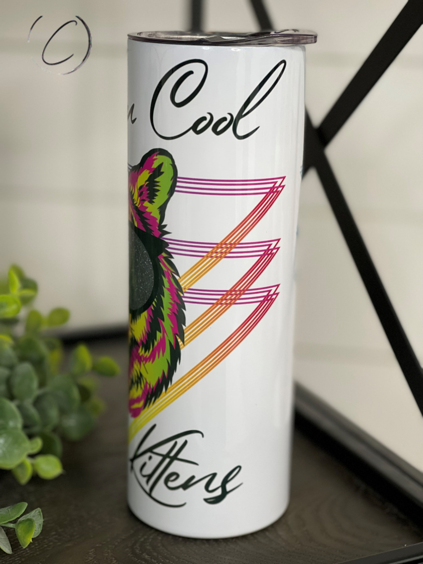 Cool Cats And Kittens 20oz Skinny Tumbler featuring a vibrant cat-themed design, reusable straw included.