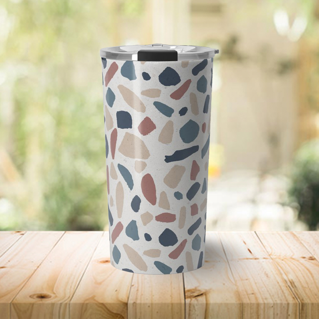 Cool Terrazzo Travel Coffee Mug in vibrant colors, showcasing its stainless steel design and double-walled insulation.