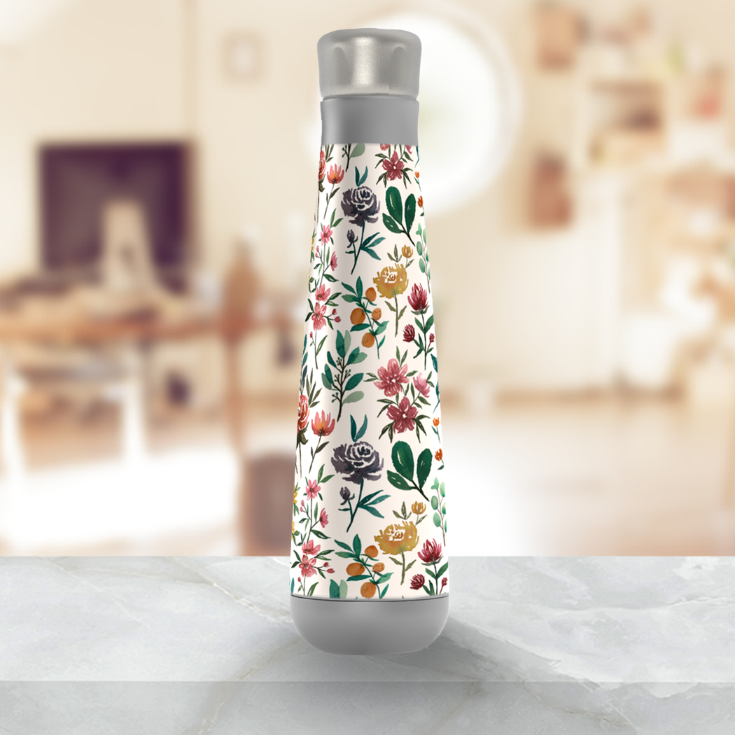 Colorful Watercolor Flowers Peristyle Water Bottle with stainless steel design and vibrant floral pattern.