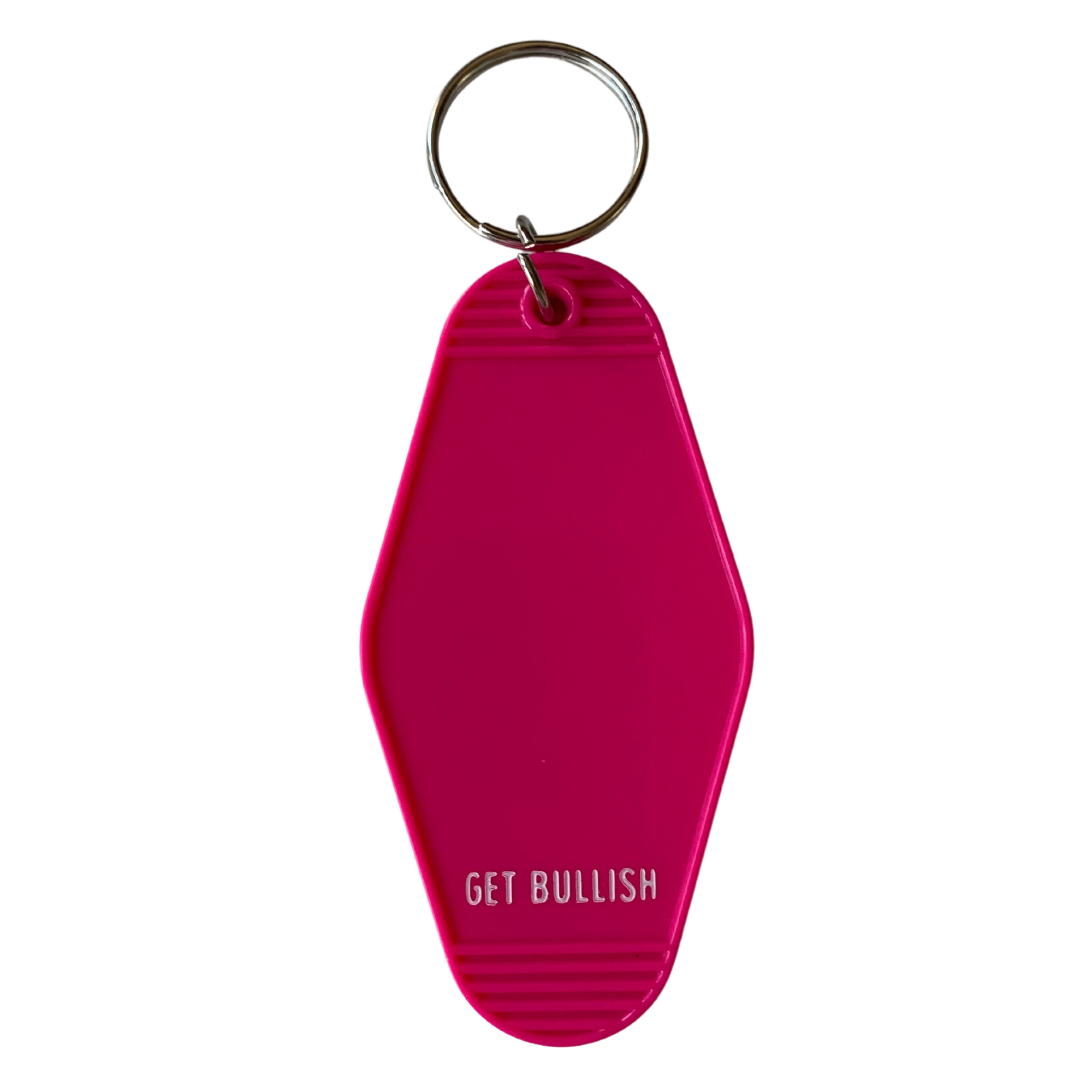 Fuchsia pink motel style keychain with humorous text about taking off a bra, featuring a split ring for easy attachment.