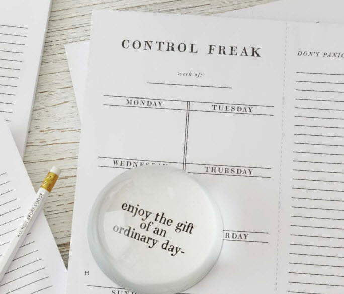 Control Freak Weekly List Notepad featuring a white background with black print, designed for organizing weekly tasks and meal plans.