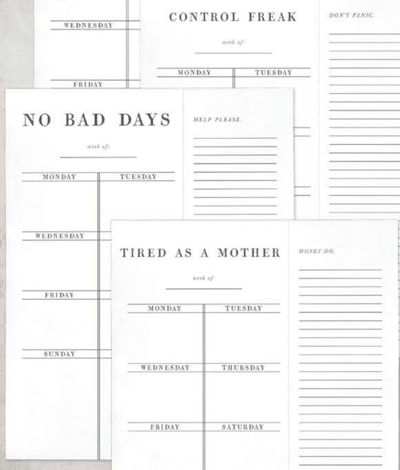 Control Freak Weekly List Notepad featuring a white background with black print, designed for organizing weekly tasks and meal plans.