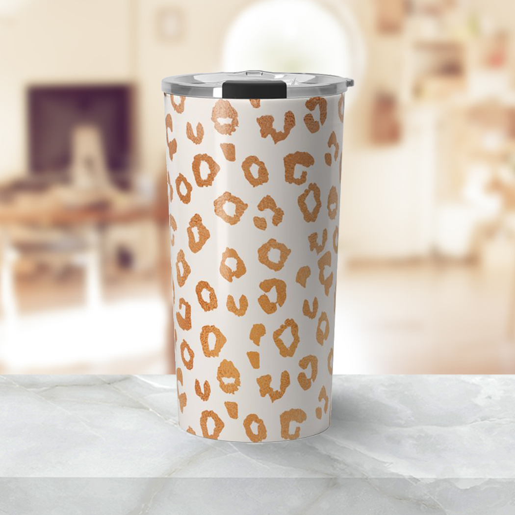 Copper Leopard Print Travel Coffee Mug made of stainless steel with a stylish design, perfect for hot and cold beverages.