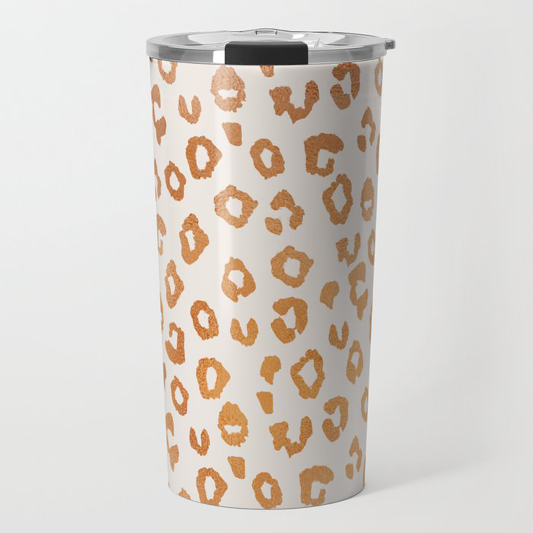 Copper Leopard Print Travel Coffee Mug made of stainless steel with a stylish design, perfect for hot and cold beverages.