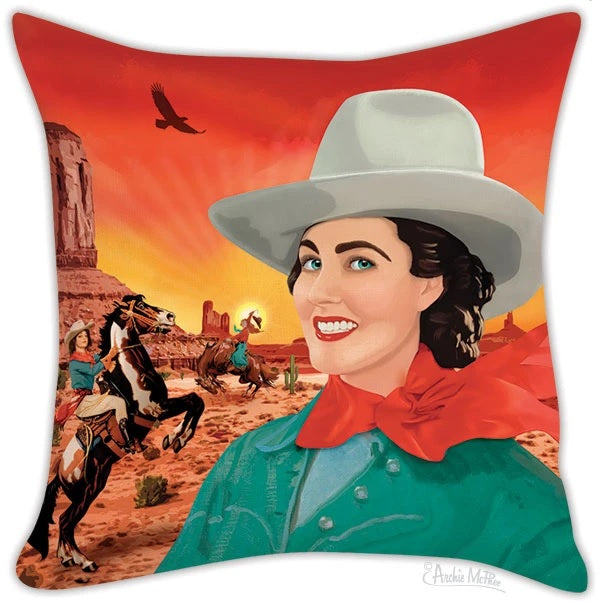 Cowgirl Funny Square Throw Pillow Cover featuring humorous design and black reverse side, measuring 18" x 18".