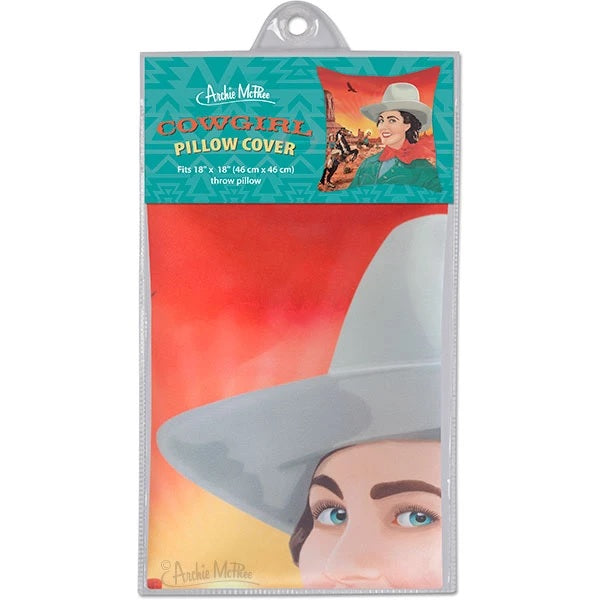 Cowgirl Funny Square Throw Pillow Cover featuring humorous design and black reverse side, measuring 18" x 18".