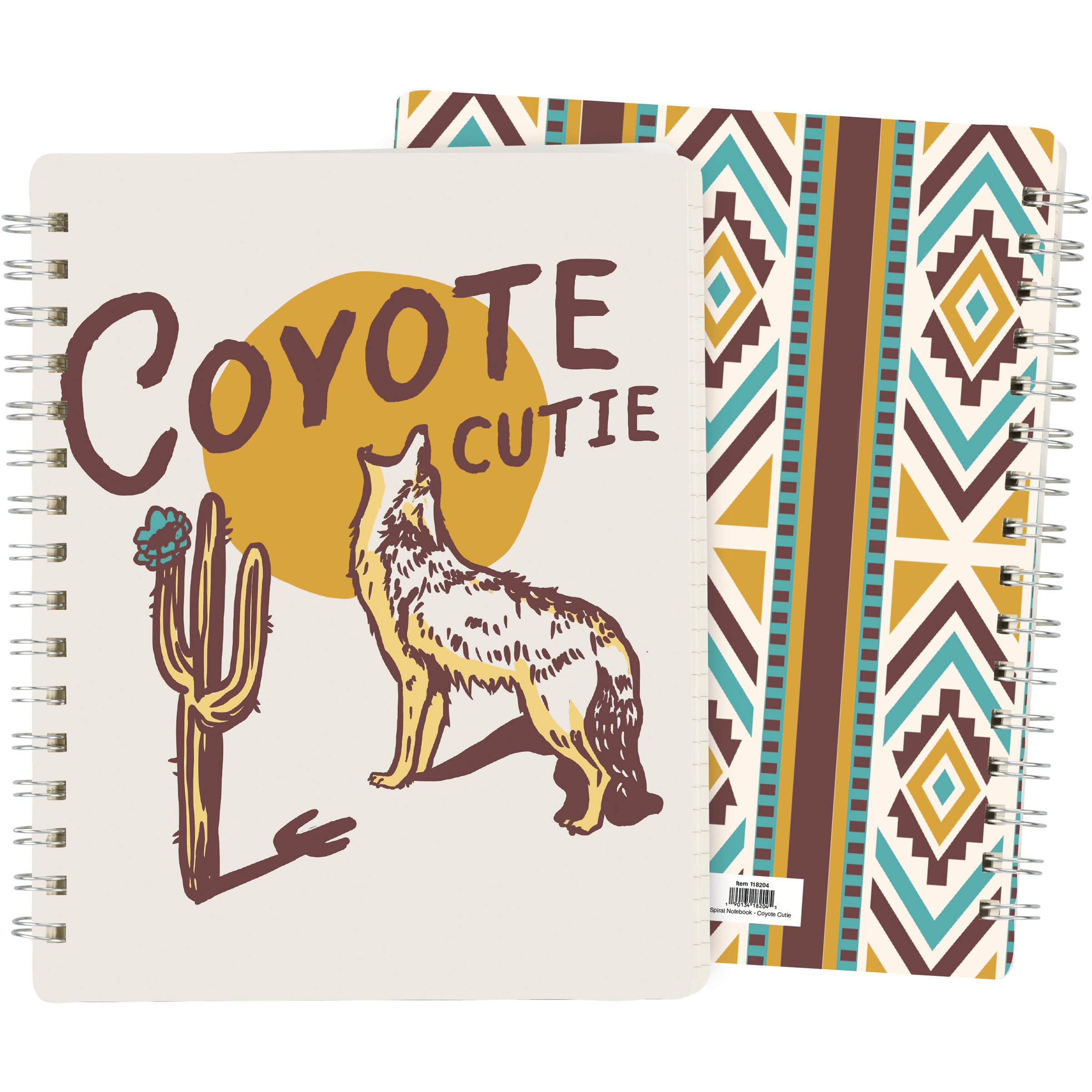 Coyote Cutie Spiral Double-Sided Notebook featuring a howling coyote illustration and western pattern on the back cover.