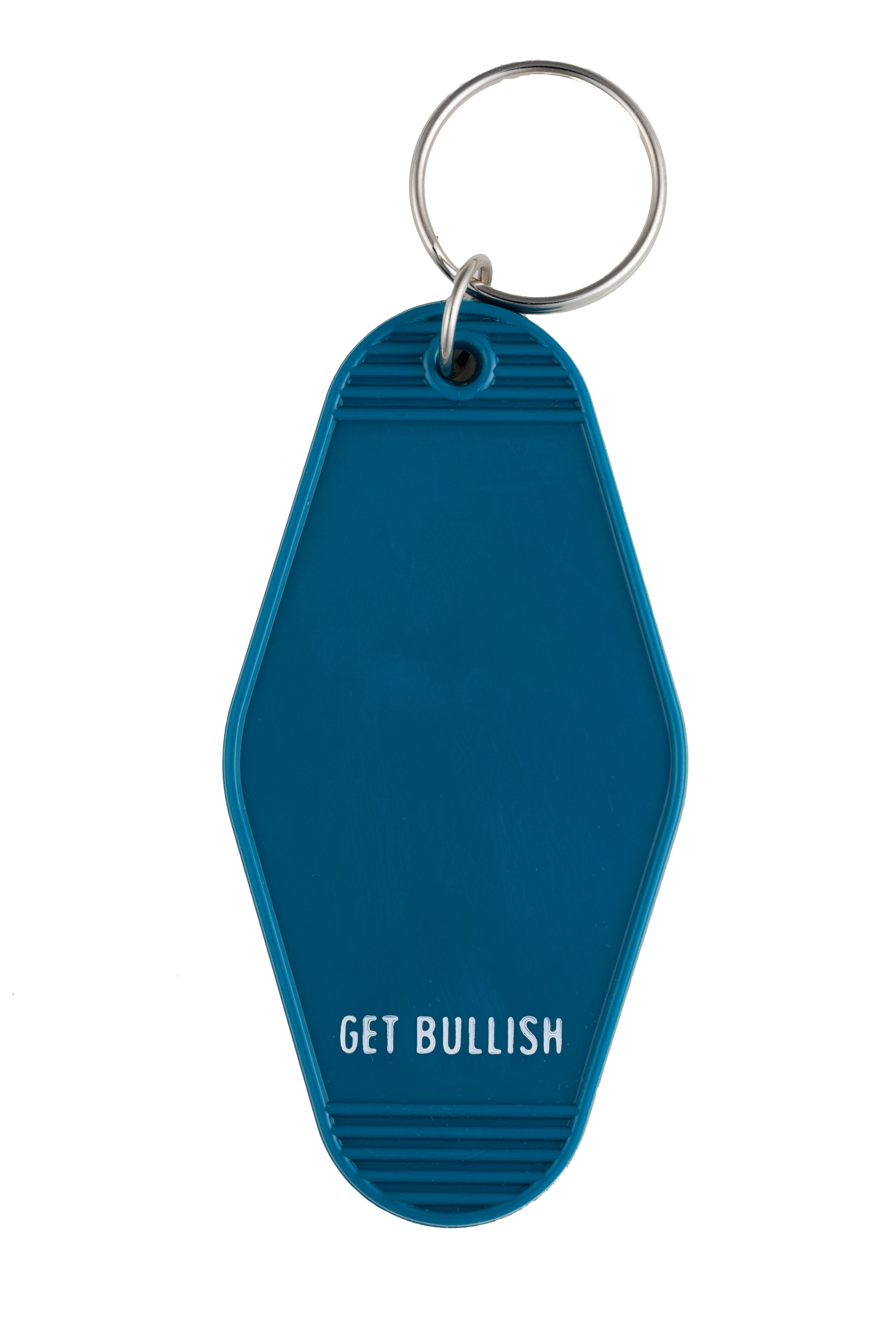 Blue motel keychain with white text reading 'CRUSTY OLD GEN X LADY WHO CAN'T EVEN' and silver hardware.