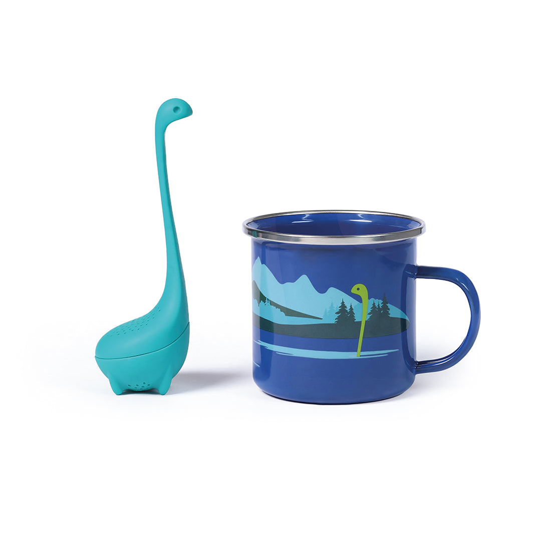 Cup of Nessie Blue Dinosaur Tea Infuser and Cup featuring a playful dinosaur design, made from BPA-free materials, perfect for brewing tea.