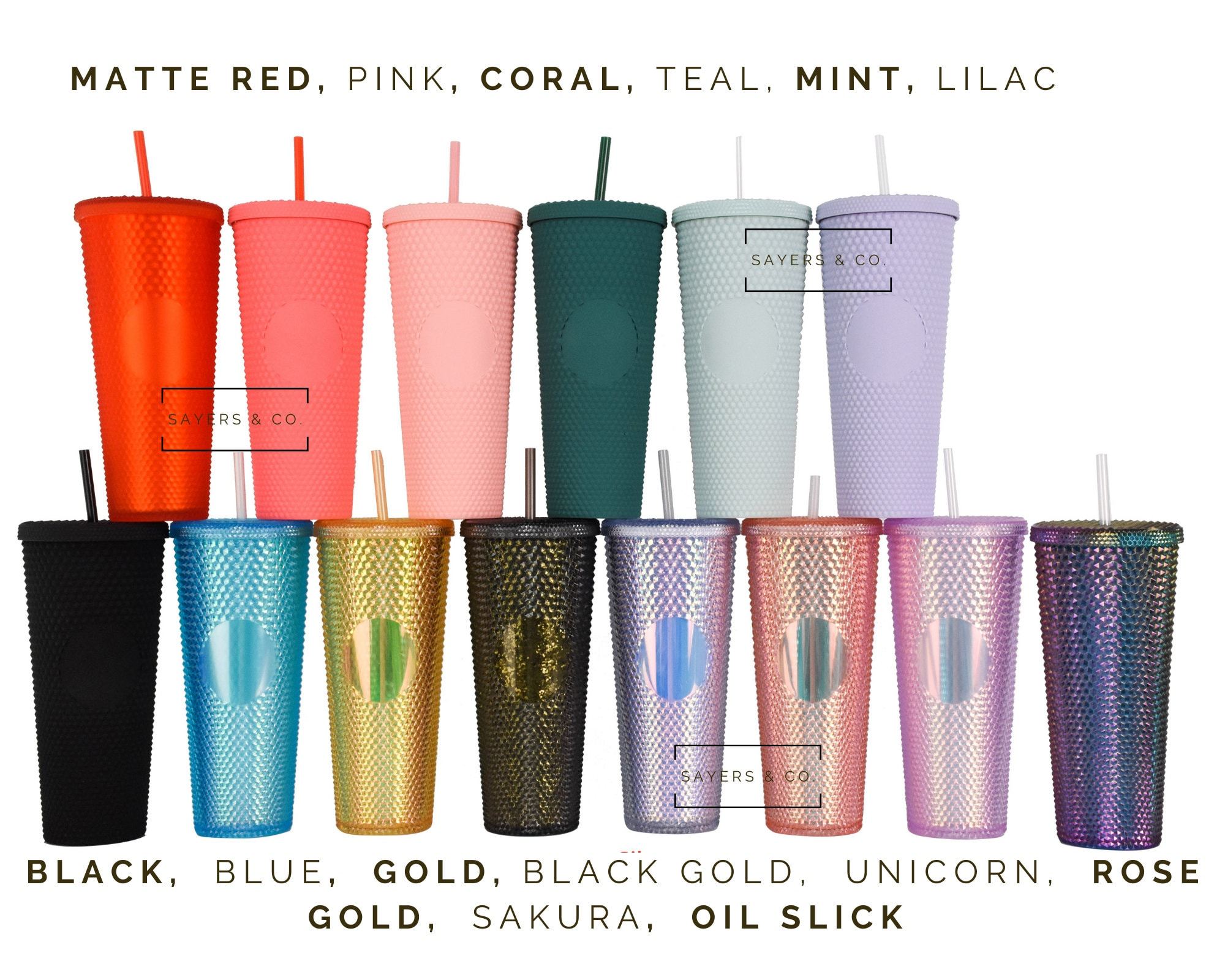 Custom Studded 24oz Double Walled Tumbler with lid and straw, featuring a stylish studded design in vibrant colors.