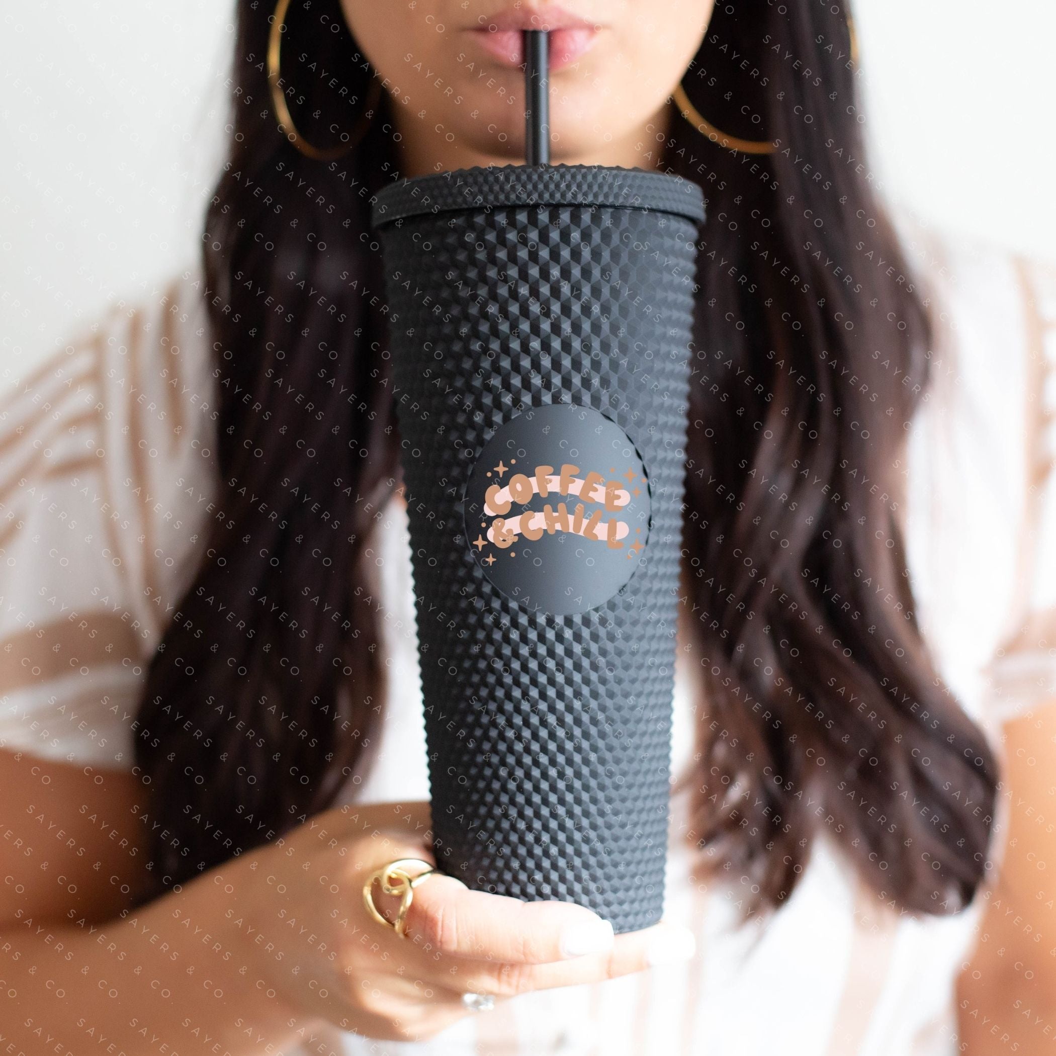 Custom Studded 24oz Double Walled Tumbler in Demure AF design, featuring a lid and straw, perfect for stylish hydration.