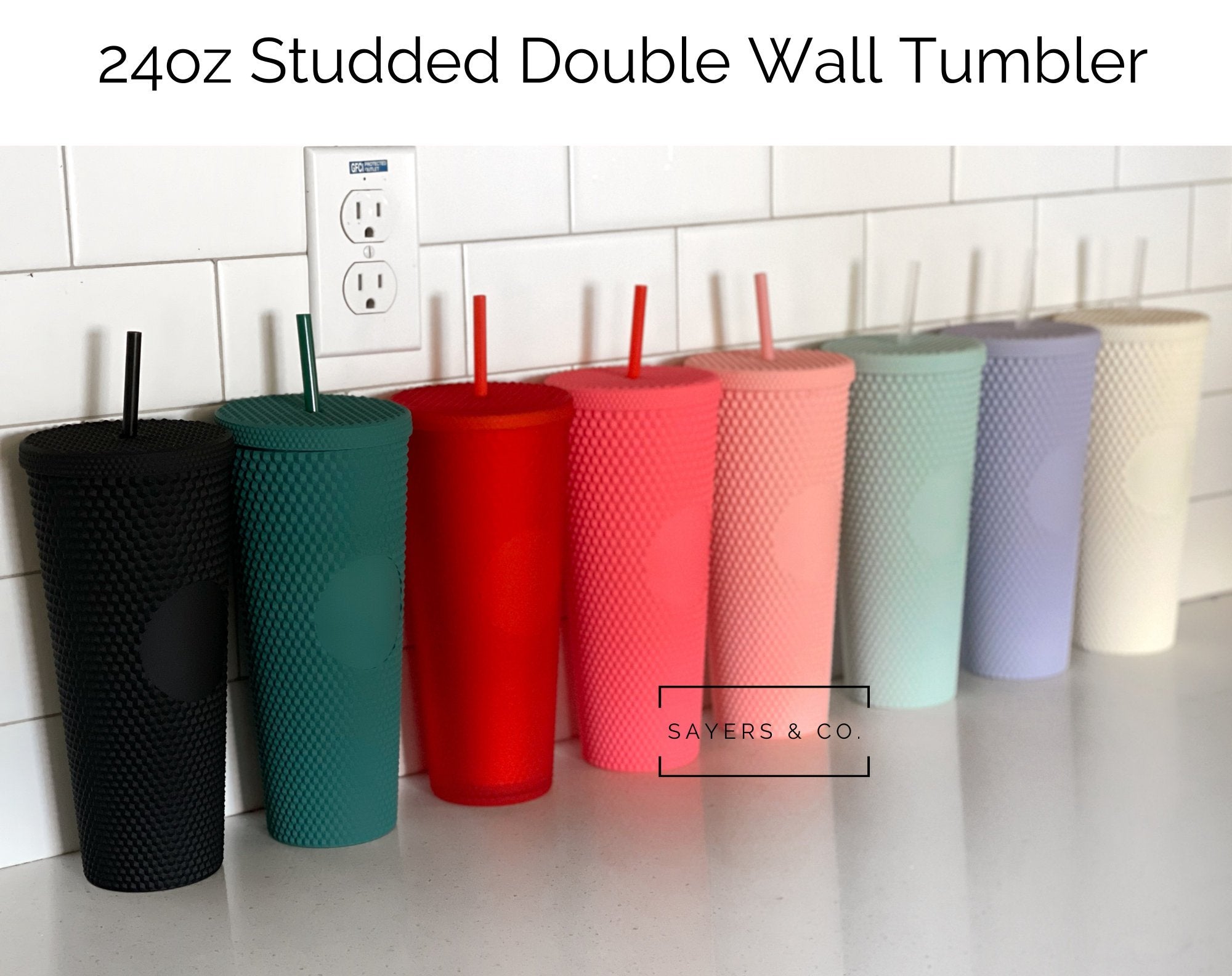 Custom Studded 24oz Double Walled Tumbler with lid and straw, featuring a stylish studded design.