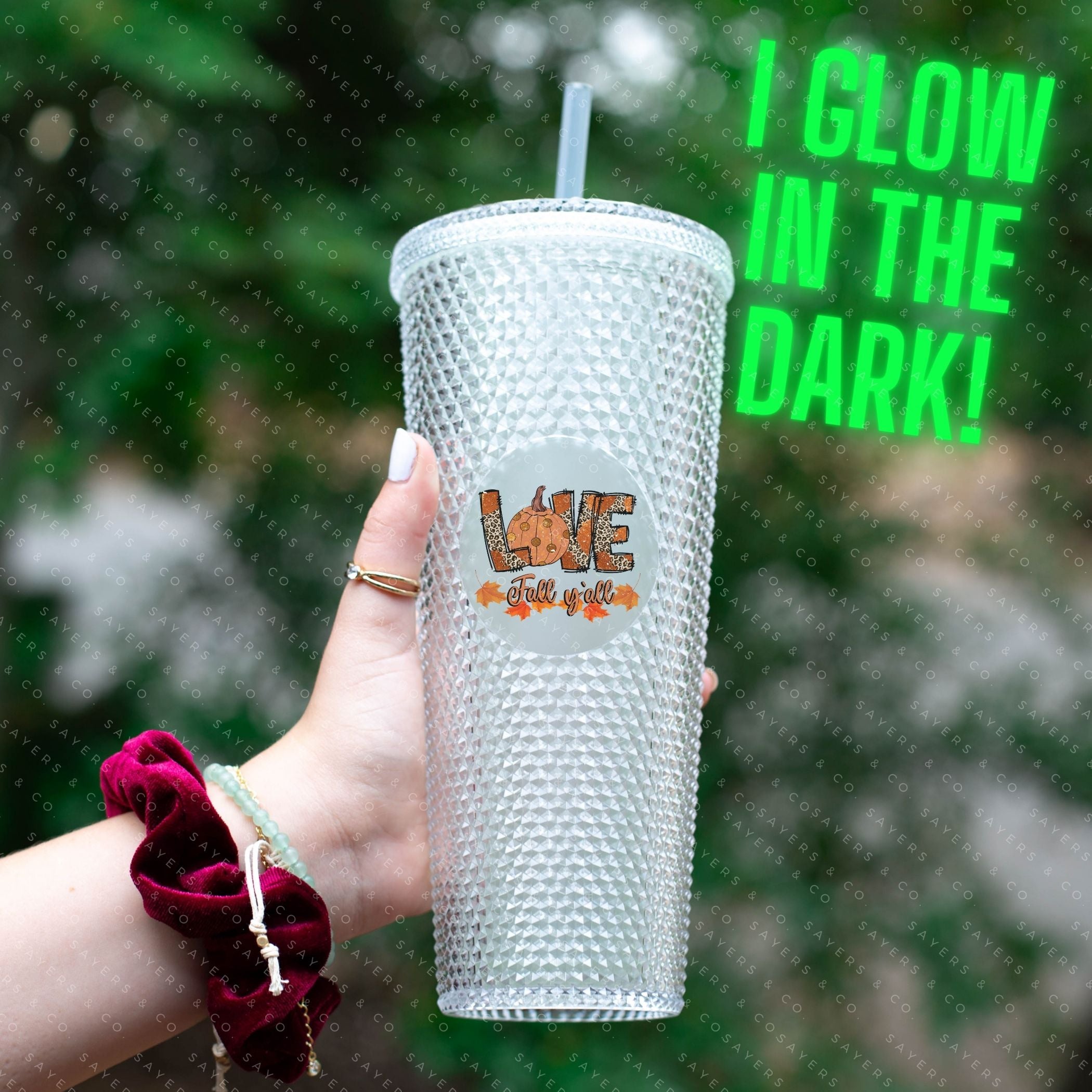 Custom Studded 24oz Double Walled Tumbler featuring 'Love Fall Yall' design with autumn-themed graphics, perfect for seasonal drinks.